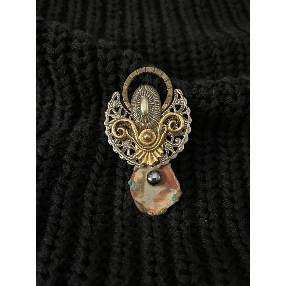 TRESKA Stamped Vintage Brass Silver & Gold‎ Toned Angel Broach Pin